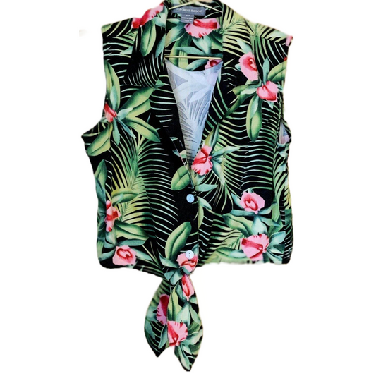 tropical button down tie blouse
